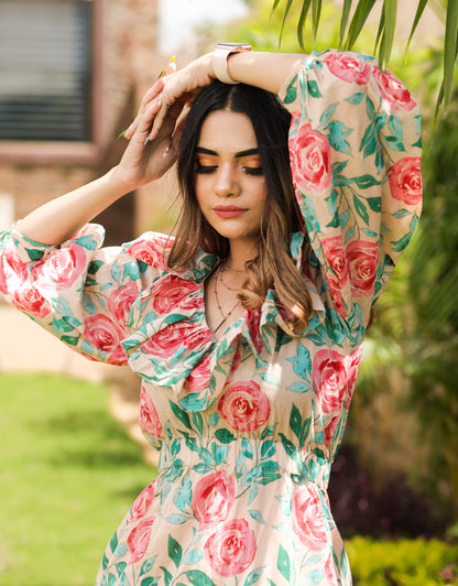 Beige Rose Floral Dress